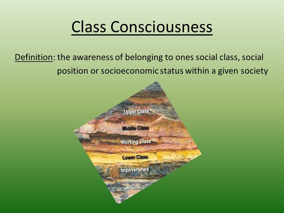 Class Consciousness Definition: the awareness of belonging to ones social class, social position or socioeconomic status within a given society