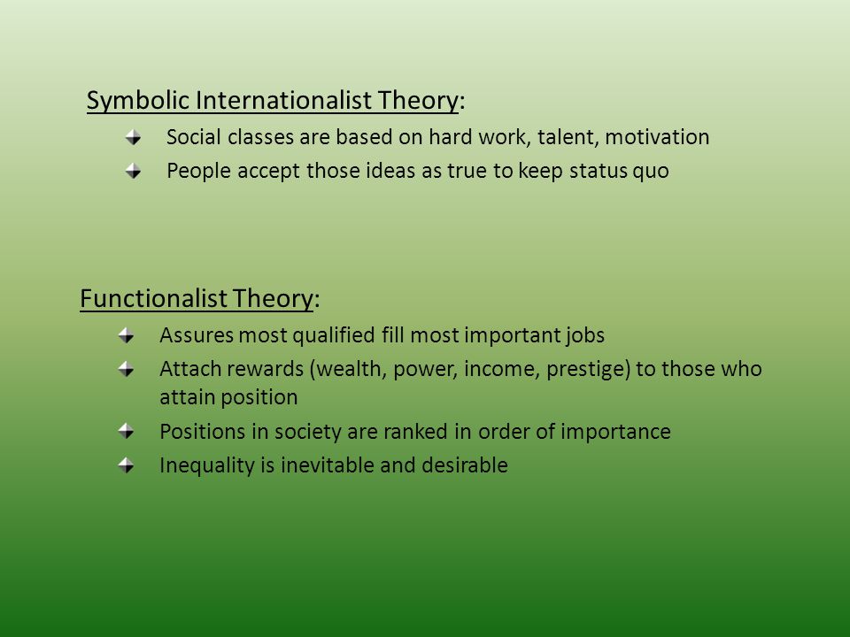 Symbolic Internationalist Theory: Social classes are based on hard work, talent, motivation People accept those ideas as true to keep status quo Functionalist Theory: Assures most qualified fill most important jobs Attach rewards (wealth, power, income, prestige) to those who attain position Positions in society are ranked in order of importance Inequality is inevitable and desirable