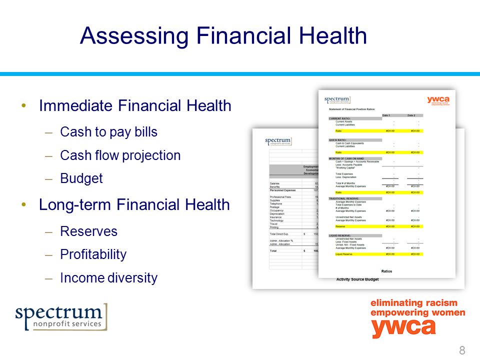 8 Assessing Financial Health Immediate Financial Health –Cash to pay bills –Cash flow projection –Budget Long-term Financial Health –Reserves –Profitability –Income diversity