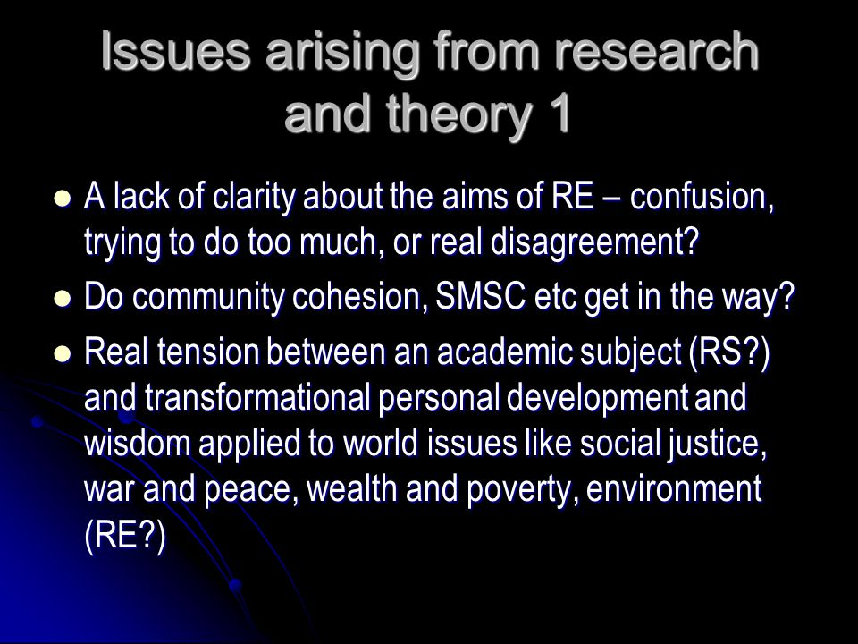 Issues arising from research and theory 1 A lack of clarity about the aims of RE – confusion, trying to do too much, or real disagreement.