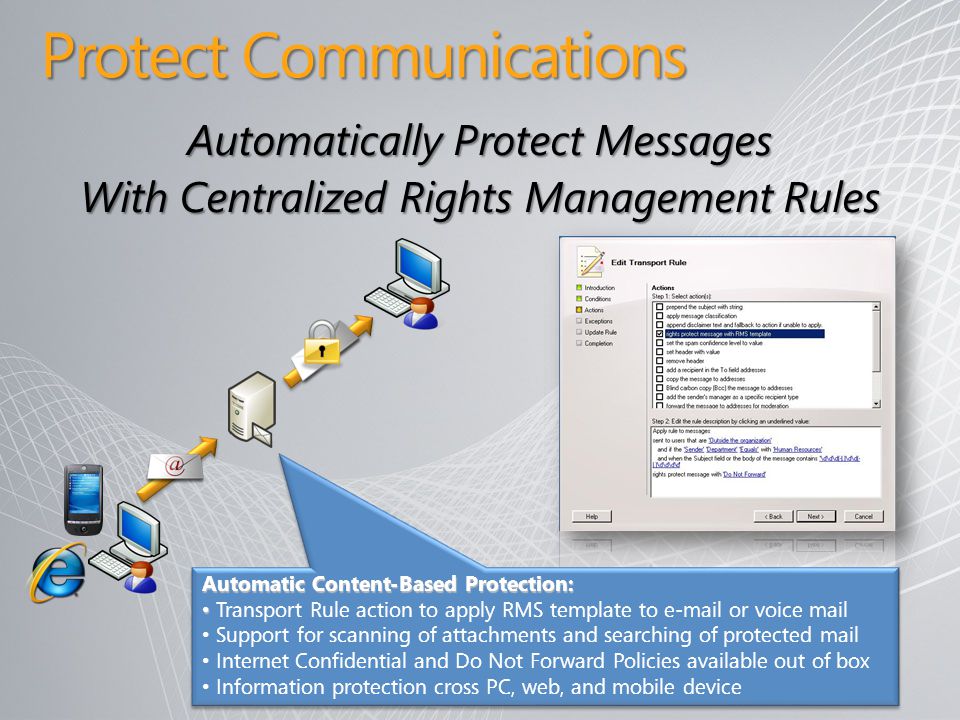 Protect Communications Automatic Content-Based Protection: Transport Rule action to apply RMS template to  or voice mail Support for scanning of attachments and searching of protected mail Internet Confidential and Do Not Forward Policies available out of box Information protection cross PC, web, and mobile device Automatic Content-Based Protection: Transport Rule action to apply RMS template to  or voice mail Support for scanning of attachments and searching of protected mail Internet Confidential and Do Not Forward Policies available out of box Information protection cross PC, web, and mobile device Automatically Protect Messages With Centralized Rights Management Rules