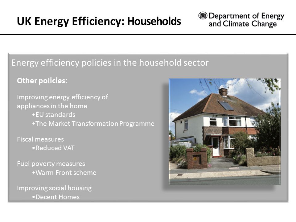 UK Energy Efficiency: Households Energy efficiency policies in the household sector Other policies: Improving energy efficiency of appliances in the home EU standards The Market Transformation Programme Fiscal measures Reduced VAT Fuel poverty measures Warm Front scheme Improving social housing Decent Homes