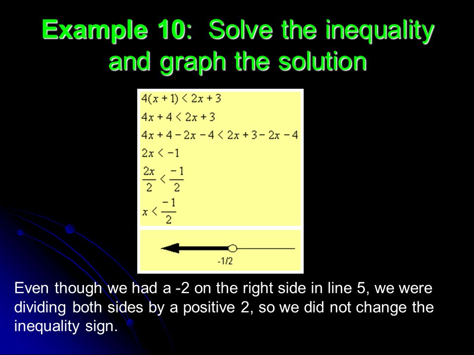 Example 10: Solve the inequality and graph the solution Even though we had a -2 on the right side in line 5, we were dividing both sides by a positive 2, so we did not change the inequality sign.