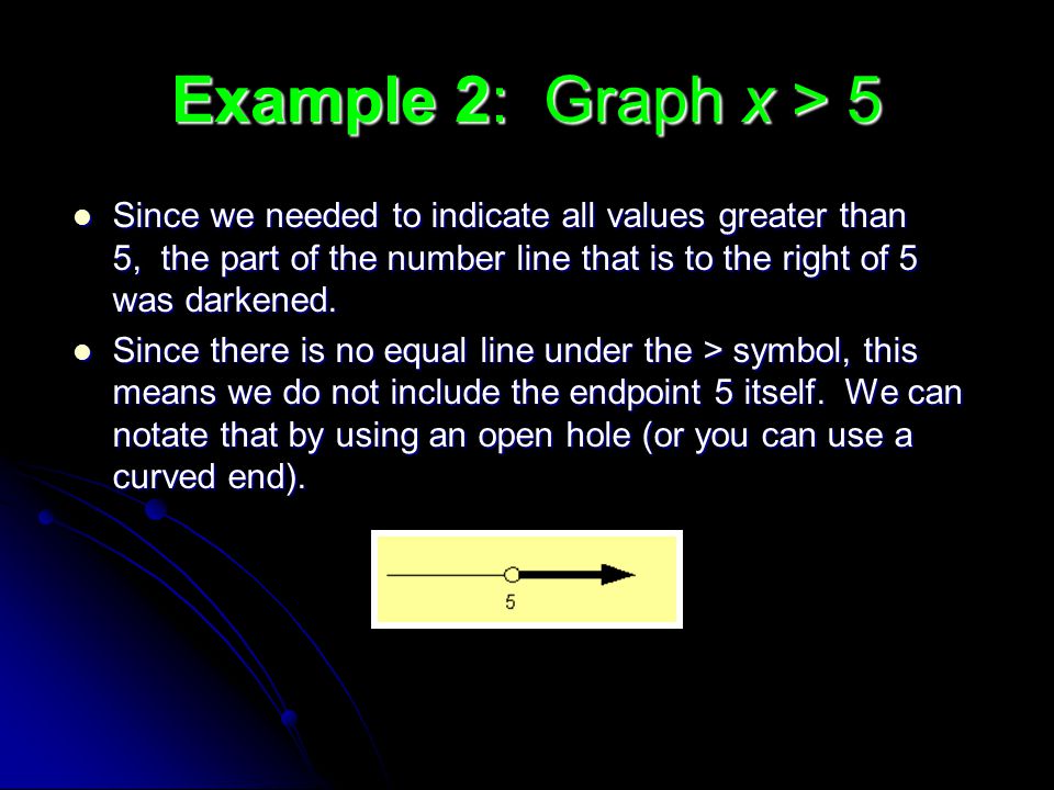 Example 2: Graph x > 5 Since we needed to indicate all values greater than 5, the part of the number line that is to the right of 5 was darkened.