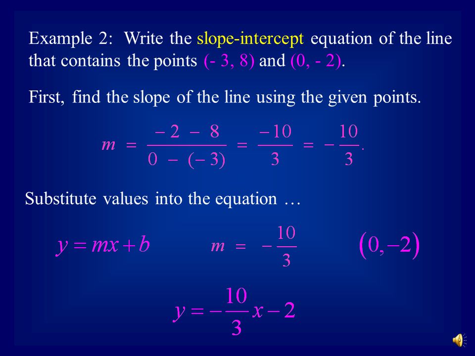 Example 1:Write the slope-intercept equation of the line that contains the point (0 -5) and has slope Substitute values into the equation …