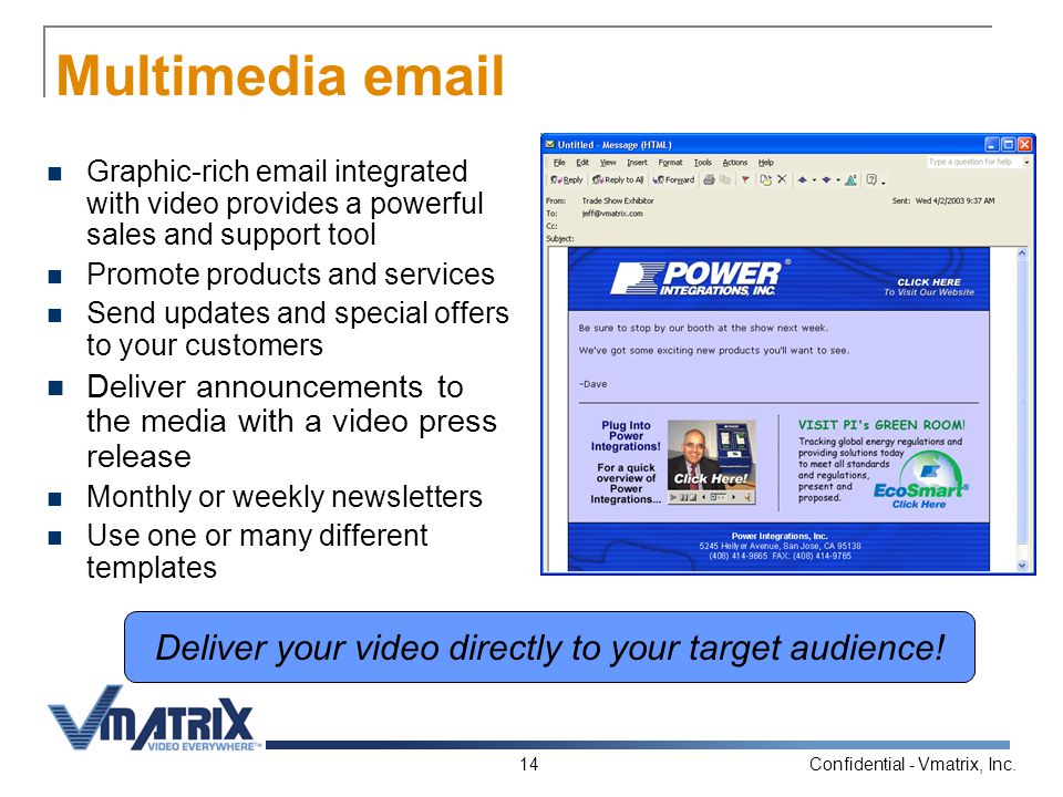 Confidential - Vmatrix, Inc.14 Multimedia  Graphic-rich  integrated with video provides a powerful sales and support tool Promote products and services Send updates and special offers to your customers Deliver announcements to the media with a video press release Monthly or weekly newsletters Use one or many different templates Deliver your video directly to your target audience!