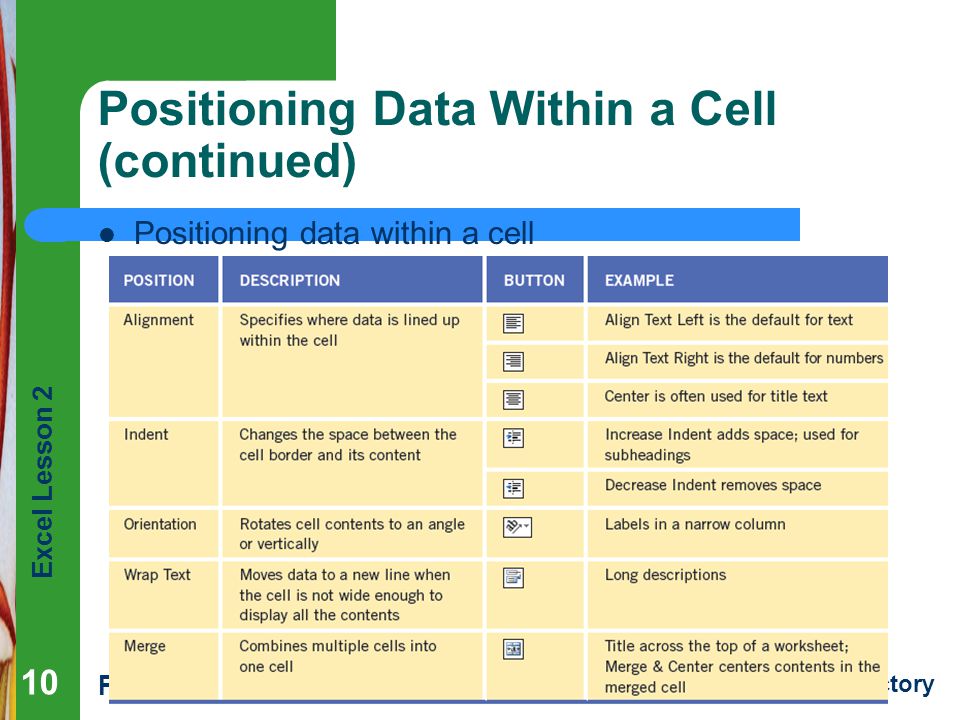 Excel Lesson 2 Pasewark & Pasewark Microsoft Office 2010 Introductory Positioning Data Within a Cell (continued) Positioning data within a cell 10