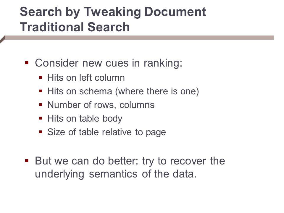 Search by Tweaking Document Traditional Search  Consider new cues in ranking:  Hits on left column  Hits on schema (where there is one)  Number of rows, columns  Hits on table body  Size of table relative to page  But we can do better: try to recover the underlying semantics of the data.