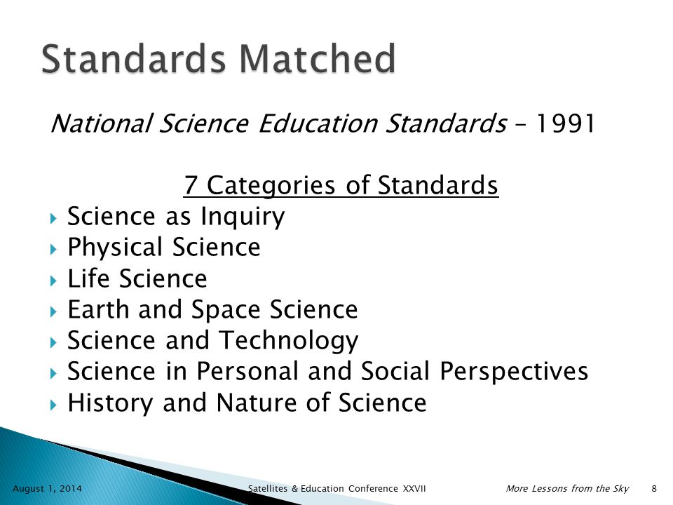 National Science Education Standards – Categories of Standards  Science as Inquiry  Physical Science  Life Science  Earth and Space Science  Science and Technology  Science in Personal and Social Perspectives  History and Nature of Science August 1, 2014 Satellites & Education Conference XXVIIMore Lessons from the Sky 8