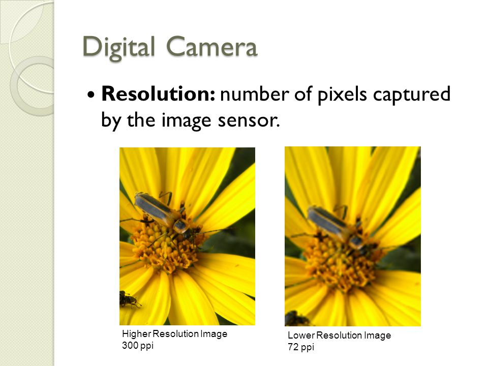 Digital Camera Resolution: number of pixels captured by the image sensor.