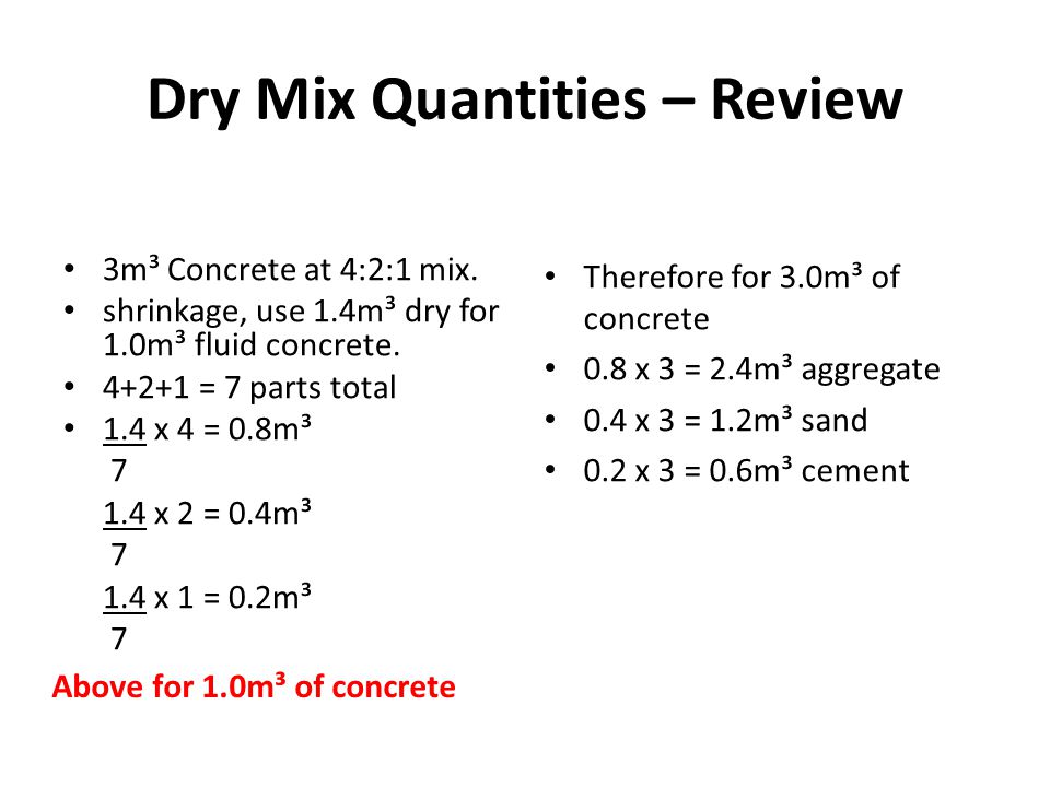 Dry Mix Quantities – Review Above for 1.0m³ of concrete 3m³ Concrete at 4:2:1 mix.