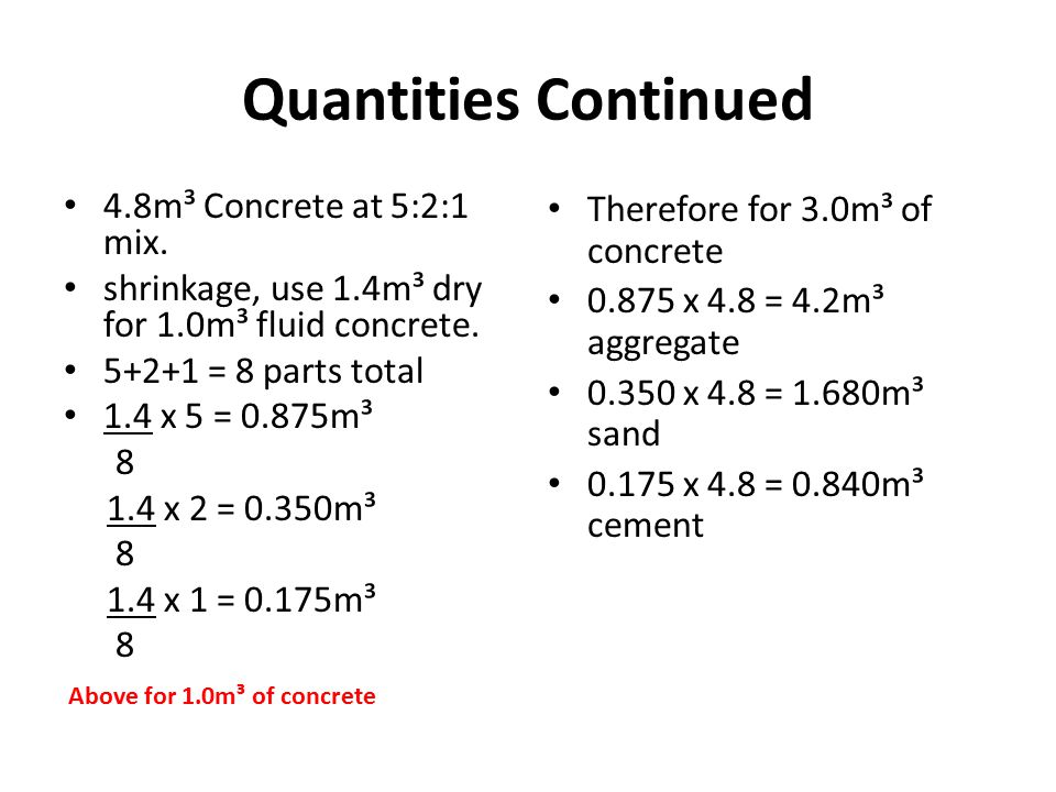 Quantities Continued 4.8m³ Concrete at 5:2:1 mix.