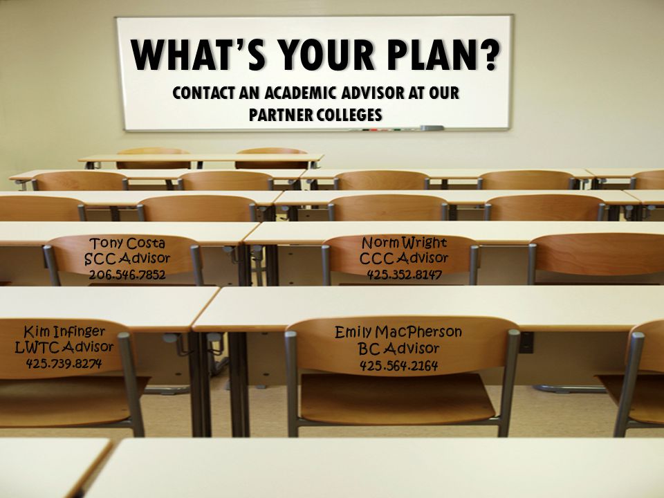 WHAT’S YOUR PLAN CONTACT AN ACADEMIC ADVISOR AT OUR PARTNER COLLEGES