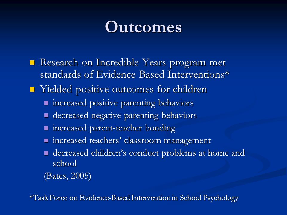 Outcomes Research on Incredible Years program met standards of Evidence Based Interventions* Research on Incredible Years program met standards of Evidence Based Interventions* Yielded positive outcomes for children Yielded positive outcomes for children increased positive parenting behaviors increased positive parenting behaviors decreased negative parenting behaviors decreased negative parenting behaviors increased parent-teacher bonding increased parent-teacher bonding increased teachers’ classroom management increased teachers’ classroom management decreased children’s conduct problems at home and school decreased children’s conduct problems at home and school (Bates, 2005) *Task Force on Evidence-Based Intervention in School Psychology