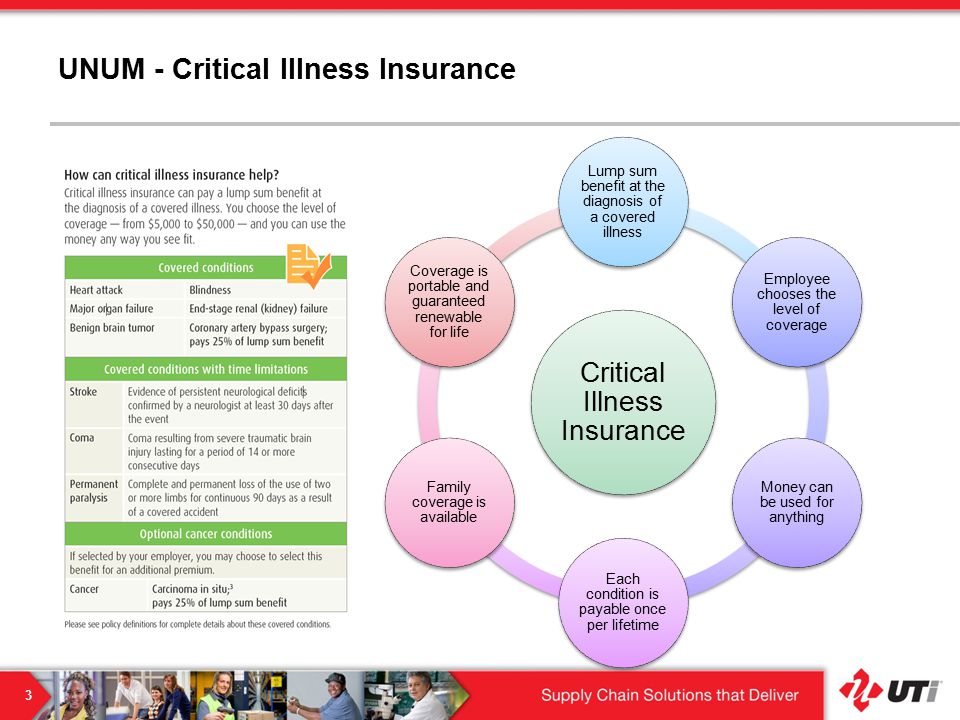 UNUM - Critical Illness Insurance Critical Illness Insurance Lump sum benefit at the diagnosis of a covered illness Employee chooses the level of coverage Money can be used for anything Each condition is payable once per lifetime Family coverage is available Coverage is portable and guaranteed renewable for life 3