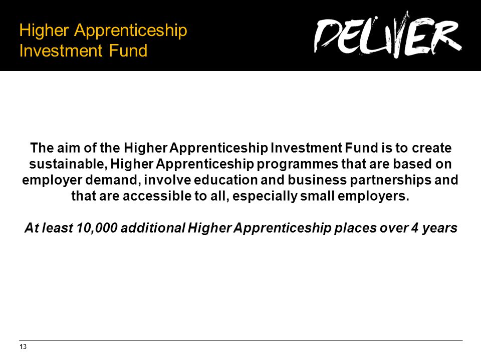 13 Higher Apprenticeship Investment Fund The aim of the Higher Apprenticeship Investment Fund is to create sustainable, Higher Apprenticeship programmes that are based on employer demand, involve education and business partnerships and that are accessible to all, especially small employers.