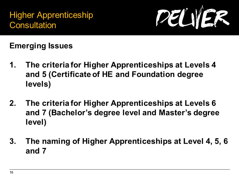 16 Higher Apprenticeship Consultation Emerging Issues 1.The criteria for Higher Apprenticeships at Levels 4 and 5 (Certificate of HE and Foundation degree levels) 2.The criteria for Higher Apprenticeships at Levels 6 and 7 (Bachelor’s degree level and Master’s degree level) 3.The naming of Higher Apprenticeships at Level 4, 5, 6 and 7
