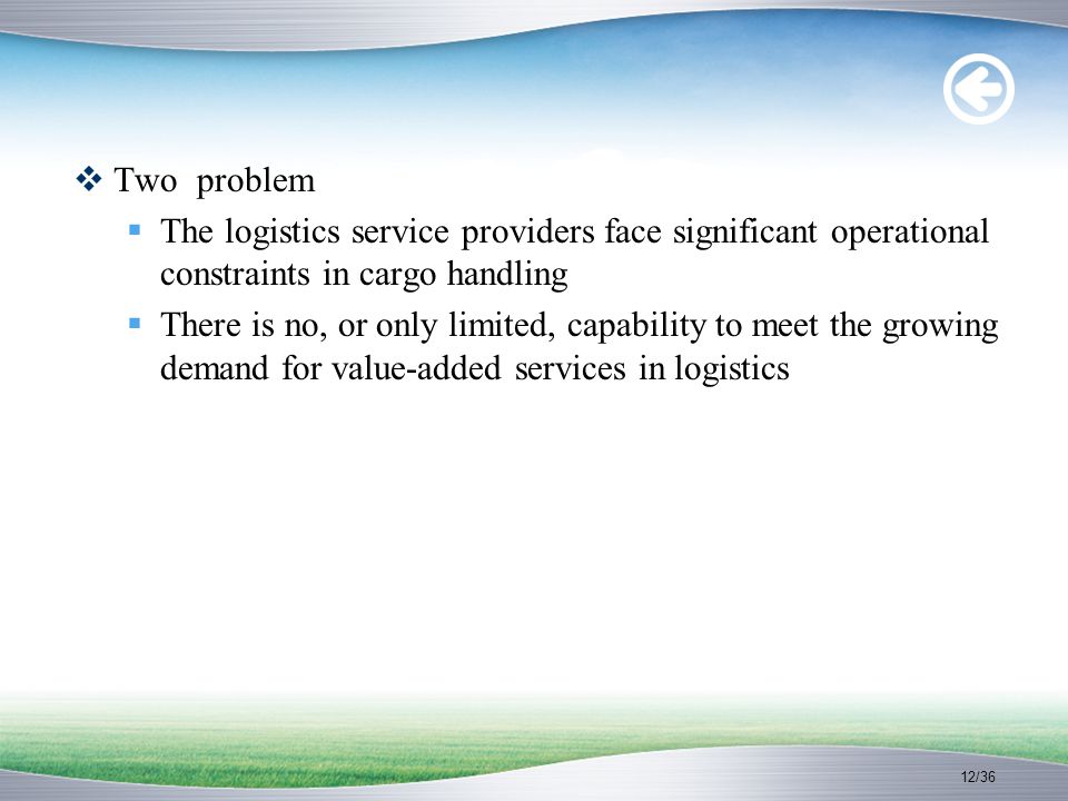 12/36  Two problem  The logistics service providers face significant operational constraints in cargo handling  There is no, or only limited, capability to meet the growing demand for value-added services in logistics