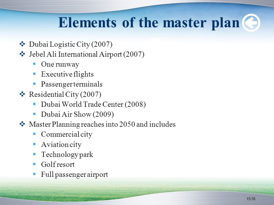 15/36 Elements of the master plan  Dubai Logistic City (2007)  Jebel Ali International Airport (2007)  One runway  Executive flights  Passenger terminals  Residential City (2007)  Dubai World Trade Center (2008)  Dubai Air Show (2009)  Master Planning reaches into 2050 and includes  Commercial city  Aviation city  Technology park  Golf resort  Full passenger airport