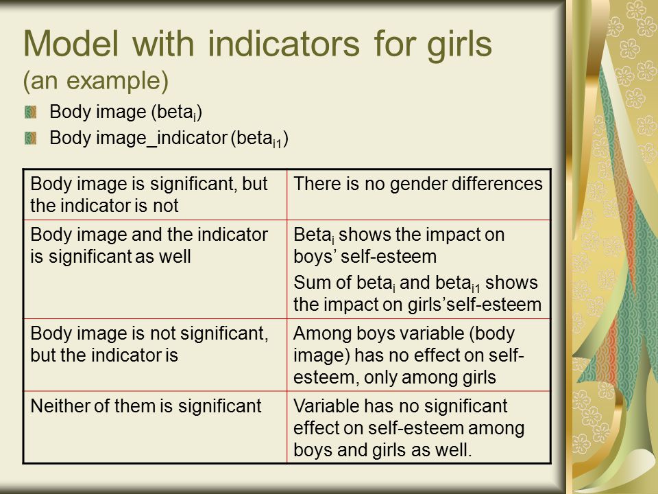Model with indicators for girls (an example) Body image (beta i ) Body image_indicator (beta i1 ) Body image is significant, but the indicator is not There is no gender differences Body image and the indicator is significant as well Beta i shows the impact on boys’ self-esteem Sum of beta i and beta i1 shows the impact on girls’self-esteem Body image is not significant, but the indicator is Among boys variable (body image) has no effect on self- esteem, only among girls Neither of them is significantVariable has no significant effect on self-esteem among boys and girls as well.