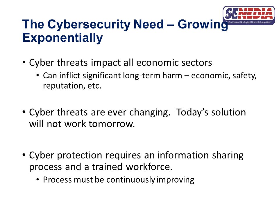The Cybersecurity Need – Growing Exponentially Cyber threats impact all economic sectors Can inflict significant long-term harm – economic, safety, reputation, etc.