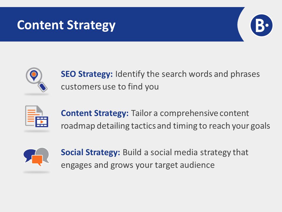 Content Strategy SEO Strategy: Identify the search words and phrases customers use to find you Content Strategy: Tailor a comprehensive content roadmap detailing tactics and timing to reach your goals Social Strategy: Build a social media strategy that engages and grows your target audience
