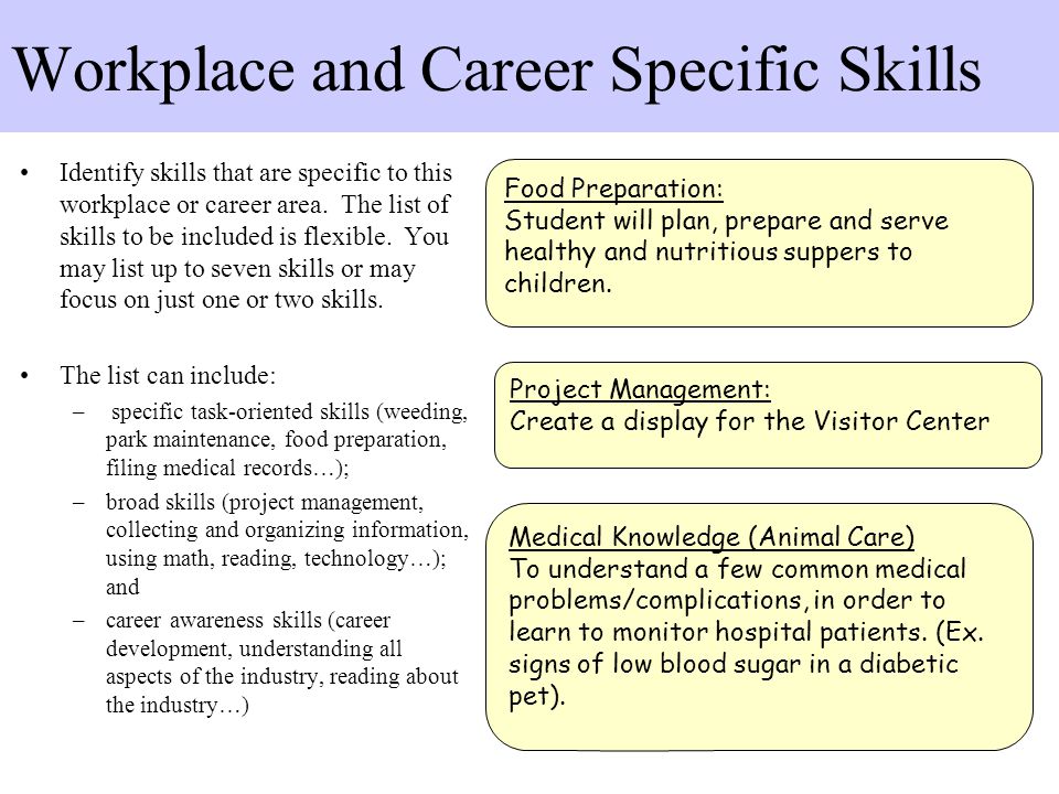 workplace and career specific skills identify skills that are specific to this workplace or career area