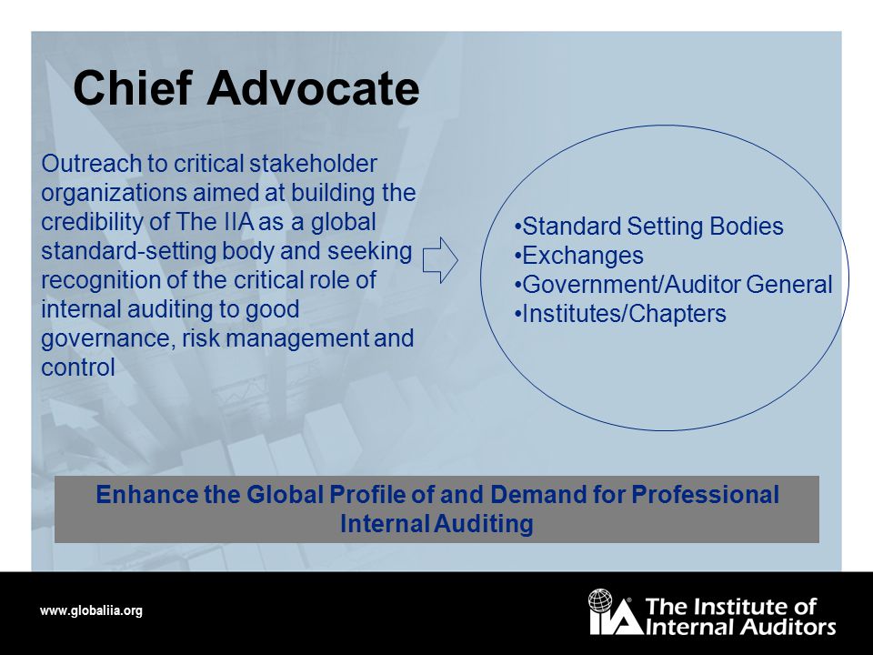 Chief Advocate Outreach to critical stakeholder organizations aimed at building the credibility of The IIA as a global standard-setting body and seeking recognition of the critical role of internal auditing to good governance, risk management and control Standard Setting Bodies Exchanges Government/Auditor General Institutes/Chapters Enhance the Global Profile of and Demand for Professional Internal Auditing