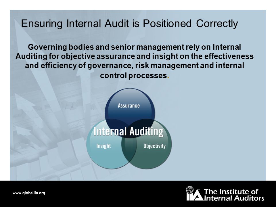 Ensuring Internal Audit is Positioned Correctly Governing bodies and senior management rely on Internal Auditing for objective assurance and insight on the effectiveness and efficiency of governance, risk management and internal control processes.