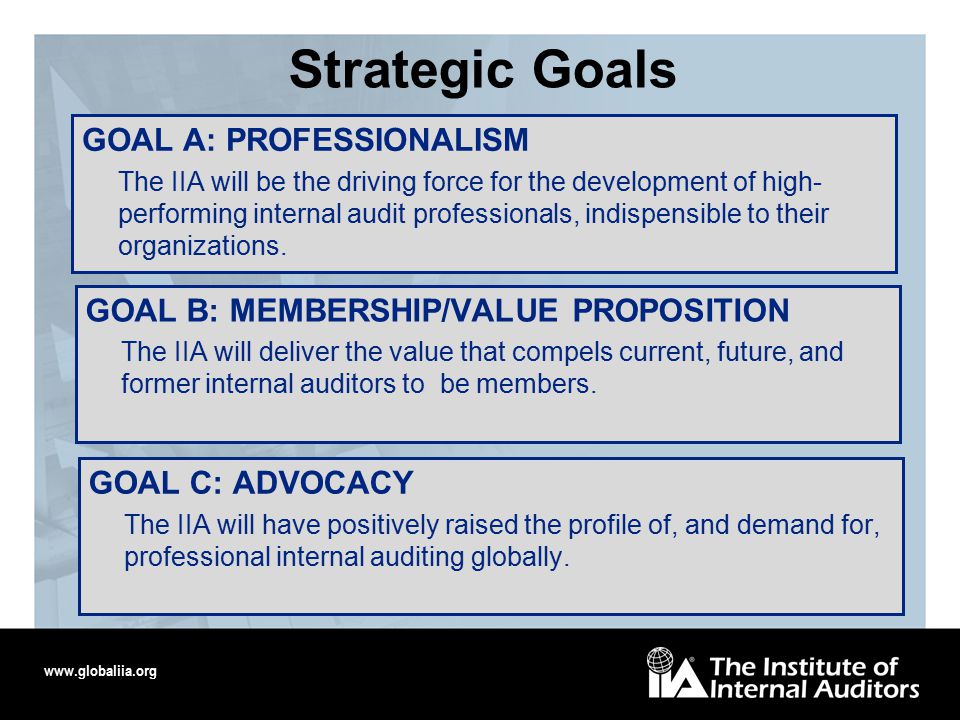GOAL A: PROFESSIONALISM The IIA will be the driving force for the development of high- performing internal audit professionals, indispensible to their organizations.