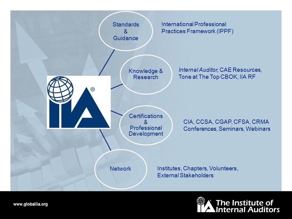Knowledge & Research Certifications & Professional Development Network Standards & Guidance International Professional Practices Framework (IPPF) Internal Auditor, CAE Resources, Tone at The Top CBOK, IIA RF CIA, CCSA, CGAP, CFSA, CRMA Conferences, Seminars, Webinars Institutes, Chapters, Volunteers, External Stakeholders