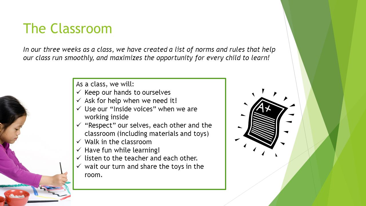 The Classroom In our three weeks as a class, we have created a list of norms and rules that help our class run smoothly, and maximizes the opportunity for every child to learn.