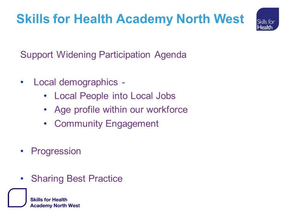 Skills for Health Academy North West Support Widening Participation Agenda Local demographics - Local People into Local Jobs Age profile within our workforce Community Engagement Progression Sharing Best Practice