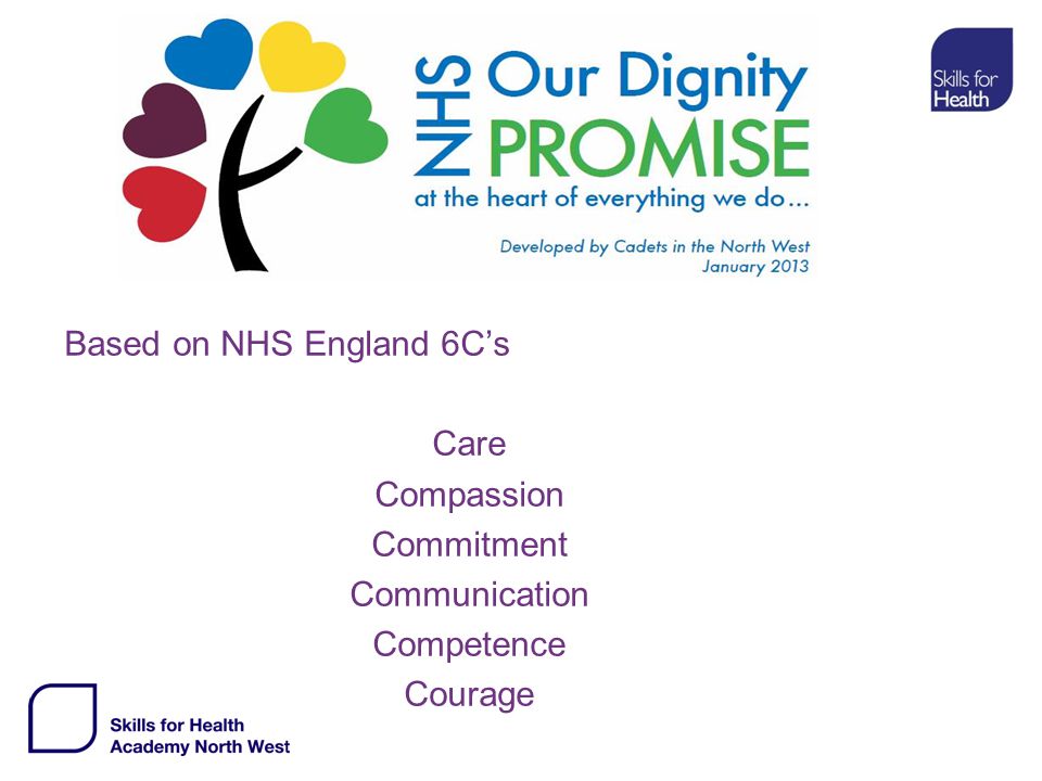 Based on NHS England 6C’s Care Compassion Commitment Communication Competence Courage