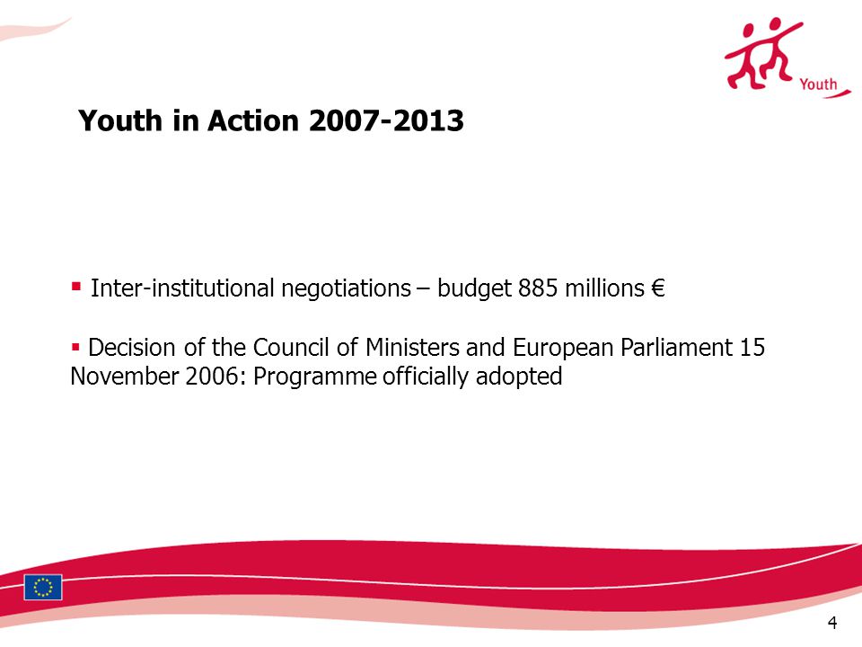 4  Inter-institutional negotiations – budget 885 millions €  Decision of the Council of Ministers and European Parliament 15 November 2006: Programme officially adopted Youth in Action