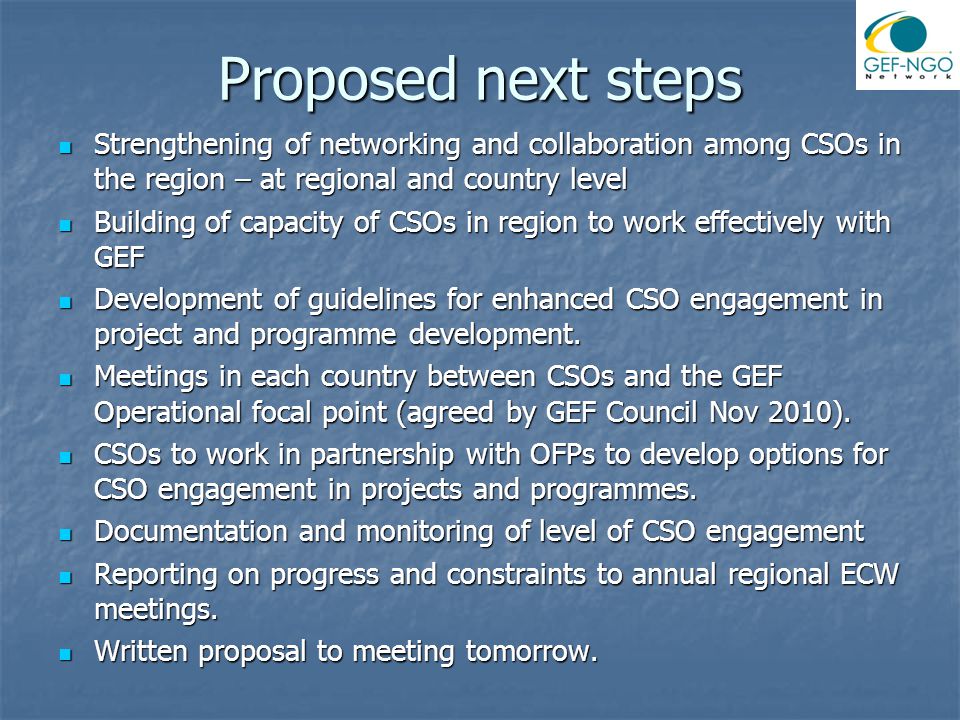 Proposed next steps Strengthening of networking and collaboration among CSOs in the region – at regional and country level Strengthening of networking and collaboration among CSOs in the region – at regional and country level Building of capacity of CSOs in region to work effectively with GEF Building of capacity of CSOs in region to work effectively with GEF Development of guidelines for enhanced CSO engagement in project and programme development.