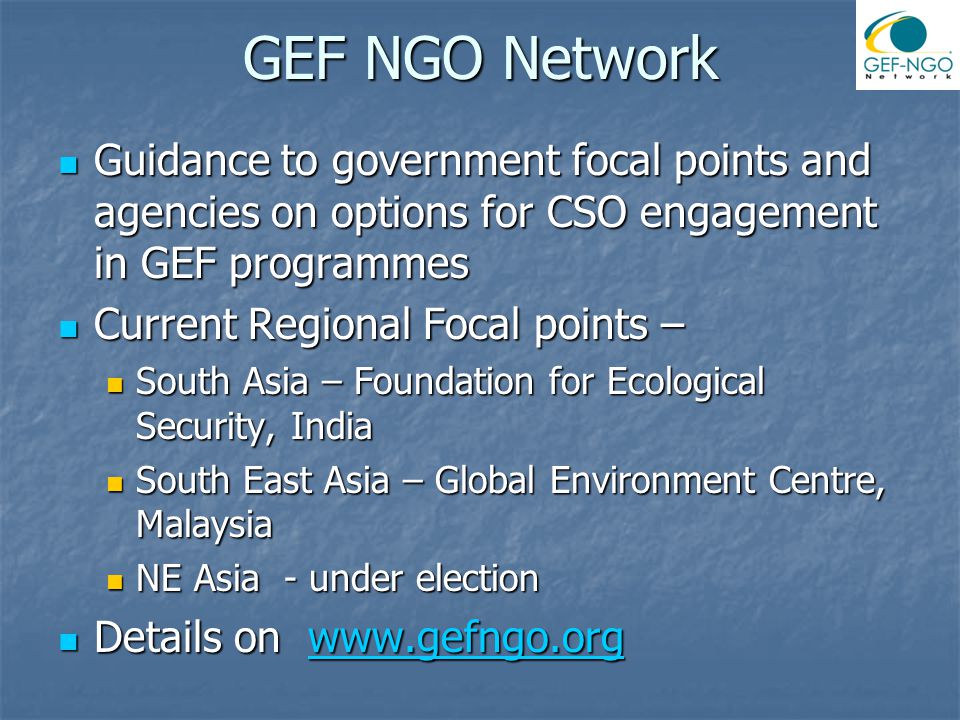 GEF NGO Network Guidance to government focal points and agencies on options for CSO engagement in GEF programmes Guidance to government focal points and agencies on options for CSO engagement in GEF programmes Current Regional Focal points – Current Regional Focal points – South Asia – Foundation for Ecological Security, India South Asia – Foundation for Ecological Security, India South East Asia – Global Environment Centre, Malaysia South East Asia – Global Environment Centre, Malaysia NE Asia - under election NE Asia - under election Details on   Details on