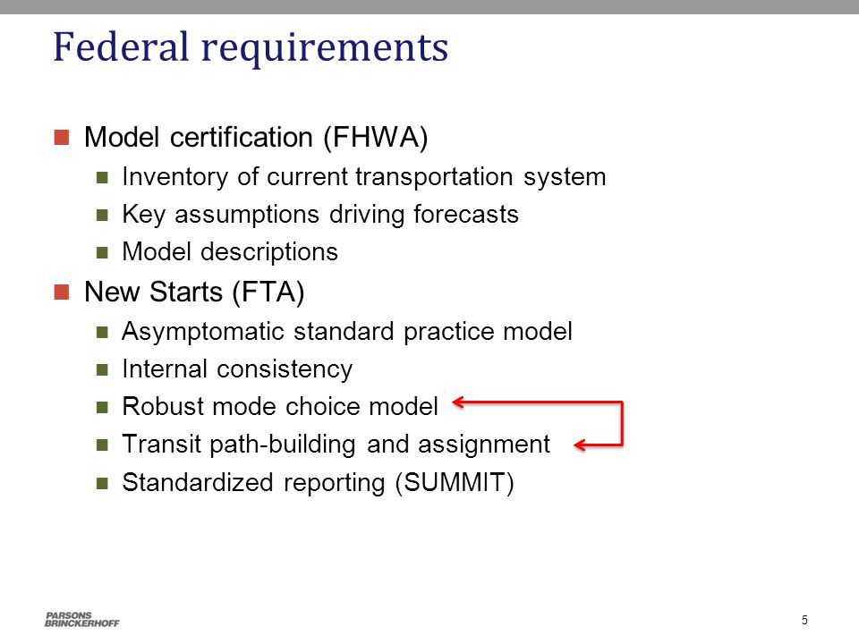 Federal requirements Model certification (FHWA) Inventory of current transportation system Key assumptions driving forecasts Model descriptions New Starts (FTA) Asymptomatic standard practice model Internal consistency Robust mode choice model Transit path-building and assignment Standardized reporting (SUMMIT) 5