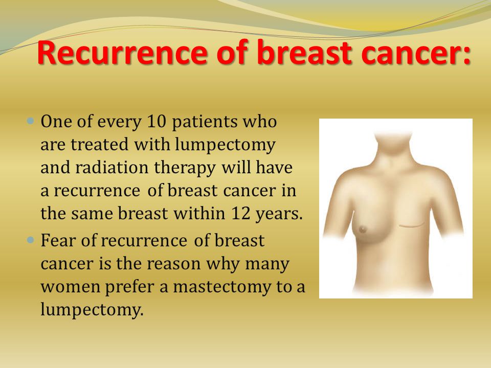 Recurrence of breast cancer: One of every 10 patients who are treated with lumpectomy and radiation therapy will have a recurrence of breast cancer in the same breast within 12 years.