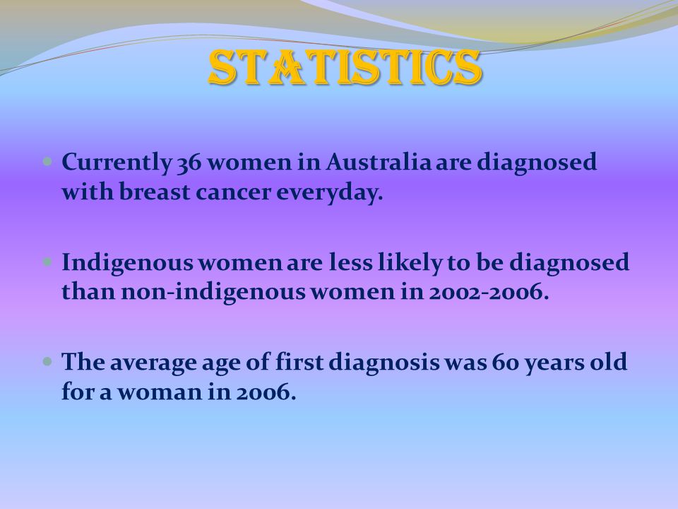 STATISTICS Currently 36 women in Australia are diagnosed with breast cancer everyday.