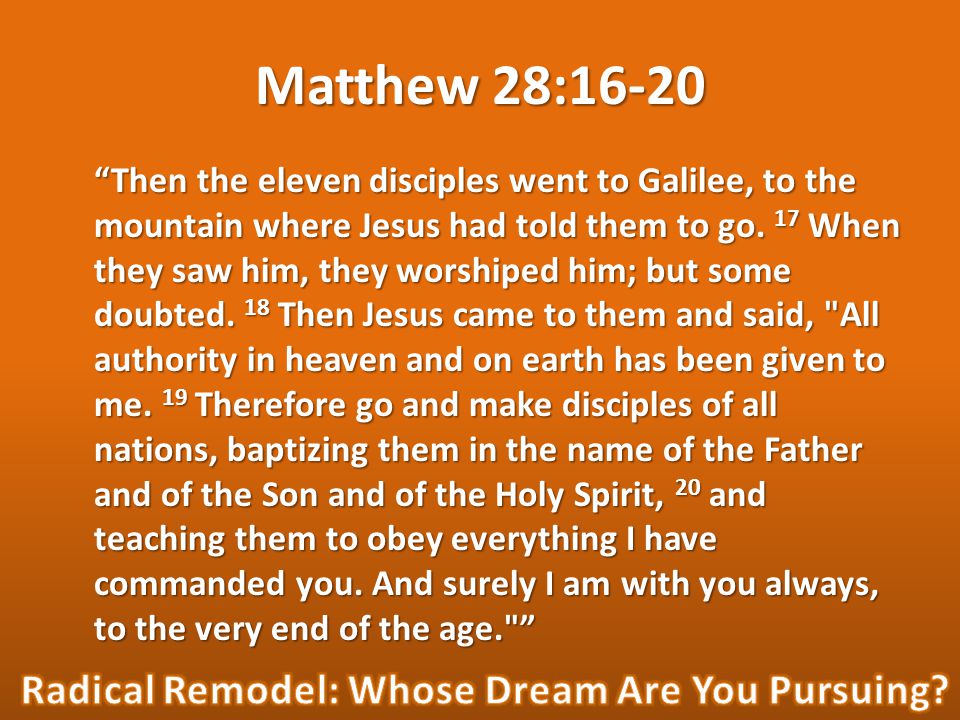 Then the eleven disciples went to Galilee, to the mountain where Jesus had told them to go.