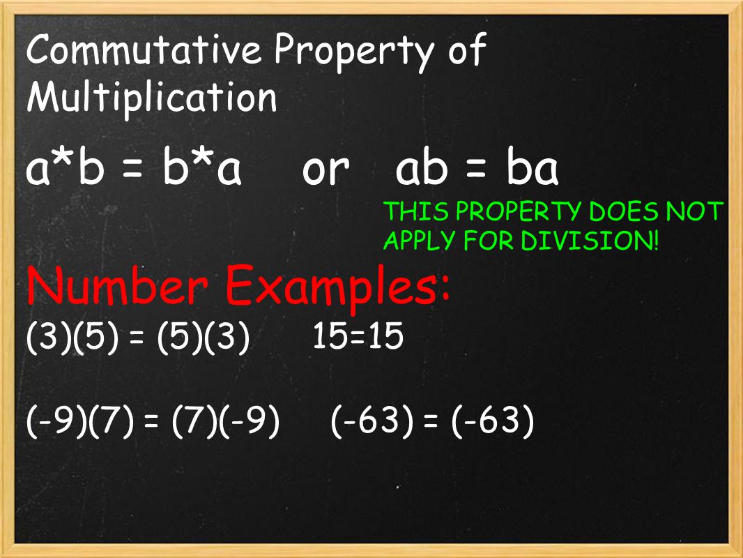Commutative Property of Multiplication a*b = b*a or ab = ba Number Examples: (3)(5) = (5)(3) 15=15 (-9)(7) = (7)(-9) (-63) = (-63) THIS PROPERTY DOES NOT APPLY FOR DIVISION!