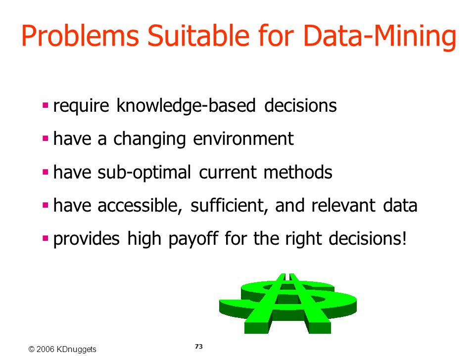 © 2006 KDnuggets 73 Problems Suitable for Data-Mining  require knowledge-based decisions  have a changing environment  have sub-optimal current methods  have accessible, sufficient, and relevant data  provides high payoff for the right decisions!