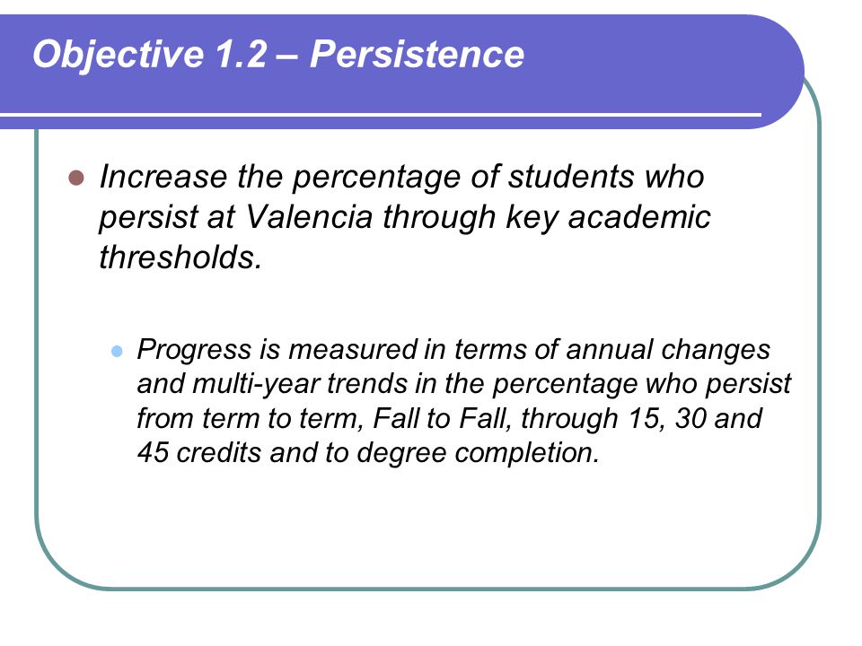 Objective 1.2 – Persistence Increase the percentage of students who persist at Valencia through key academic thresholds.