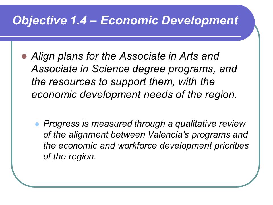 Objective 1.4 – Economic Development Align plans for the Associate in Arts and Associate in Science degree programs, and the resources to support them, with the economic development needs of the region.