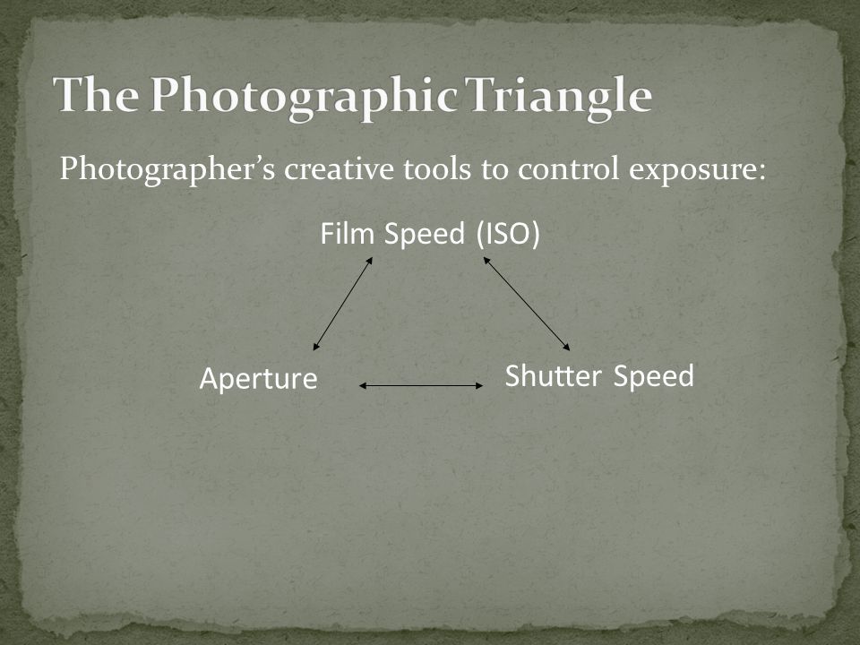 Film Speed (ISO) Shutter Speed Aperture Photographer’s creative tools to control exposure: