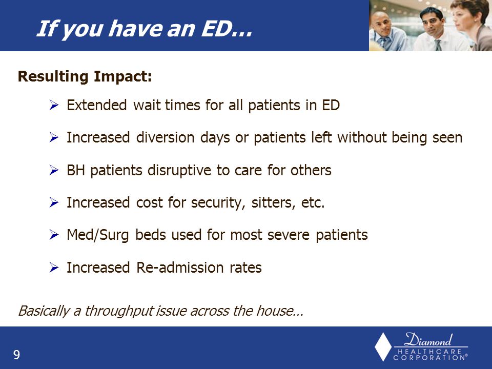 Resulting Impact:  Extended wait times for all patients in ED  Increased diversion days or patients left without being seen  BH patients disruptive to care for others  Increased cost for security, sitters, etc.