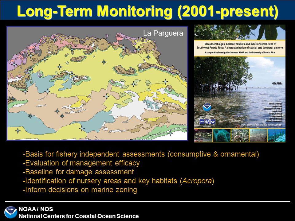 NOAA / NOS National Centers for Coastal Ocean Science Long-Term Monitoring (2001-present) -Basis for fishery independent assessments (consumptive & ornamental) -Evaluation of management efficacy -Baseline for damage assessment -Identification of nursery areas and key habitats (Acropora) -Inform decisions on marine zoning La Parguera