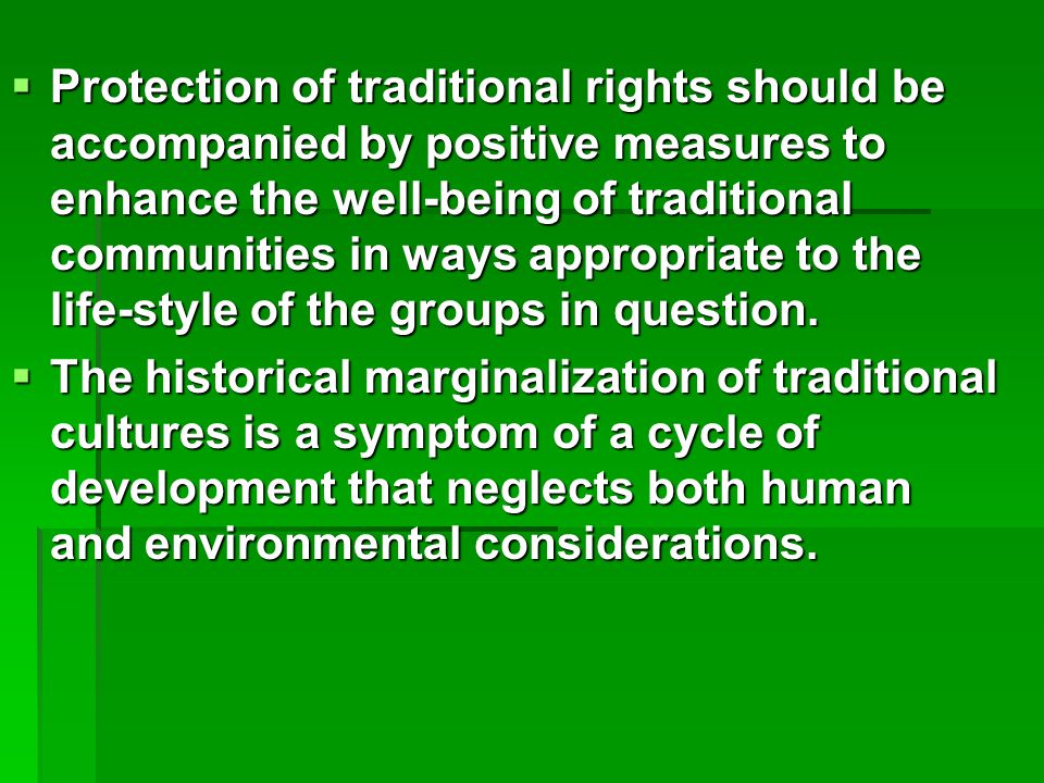  Protection of traditional rights should be accompanied by positive measures to enhance the well-being of traditional communities in ways appropriate to the life-style of the groups in question.