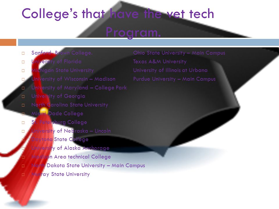 College’s that have the vet tech Program.  Sanford- Brown College.